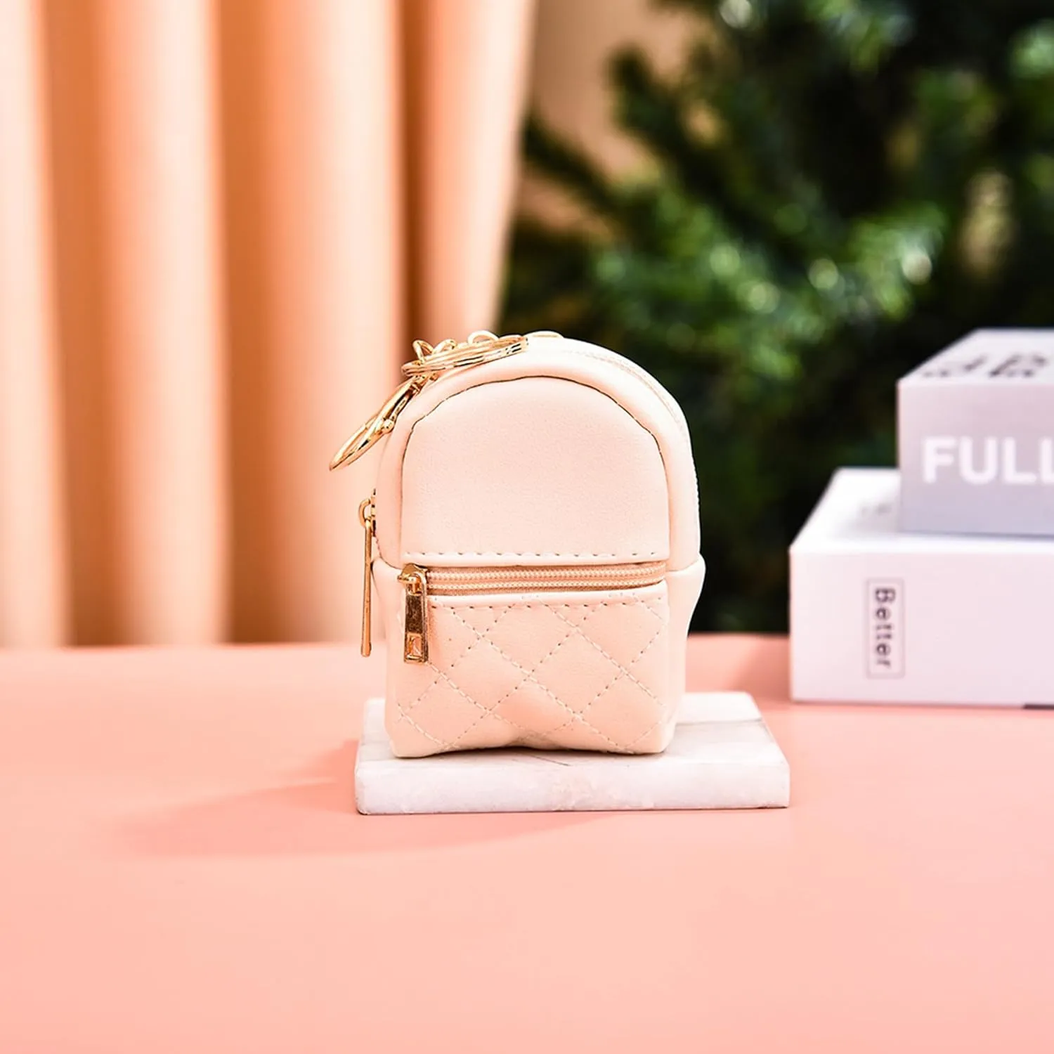 Mini Backpack Cute Cosmetic Bag for Women, Creative Cute Pendant Keychain Key-chains Keyrings PU Leather Makeup Bag Key Pocket Lipstick Bag Card Holder Data Cable Organizer Zipper Pouch (Beige)