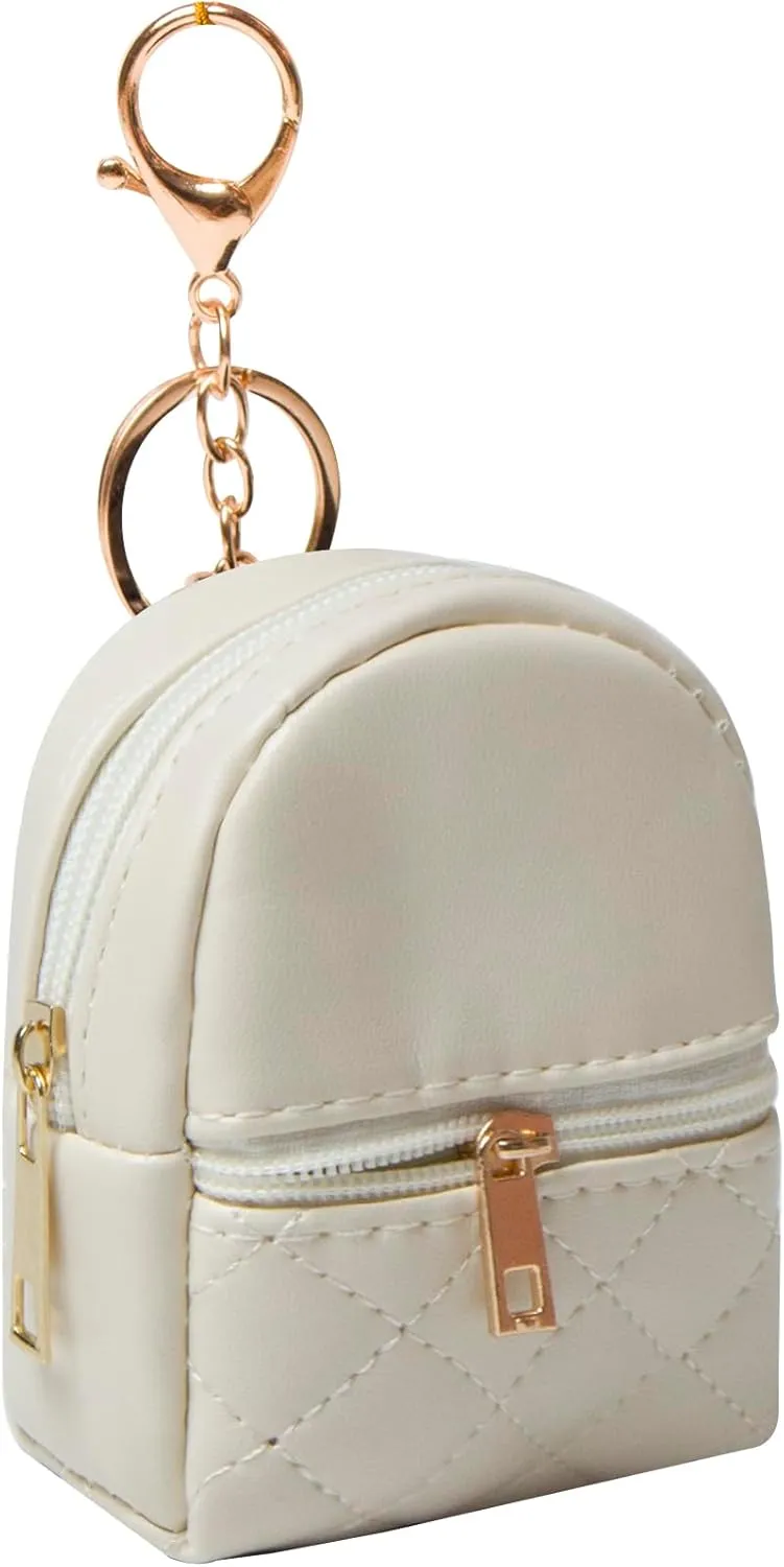 Mini Backpack Cute Cosmetic Bag for Women, Creative Cute Pendant Keychain Key-chains Keyrings PU Leather Makeup Bag Key Pocket Lipstick Bag Card Holder Data Cable Organizer Zipper Pouch (Beige)
