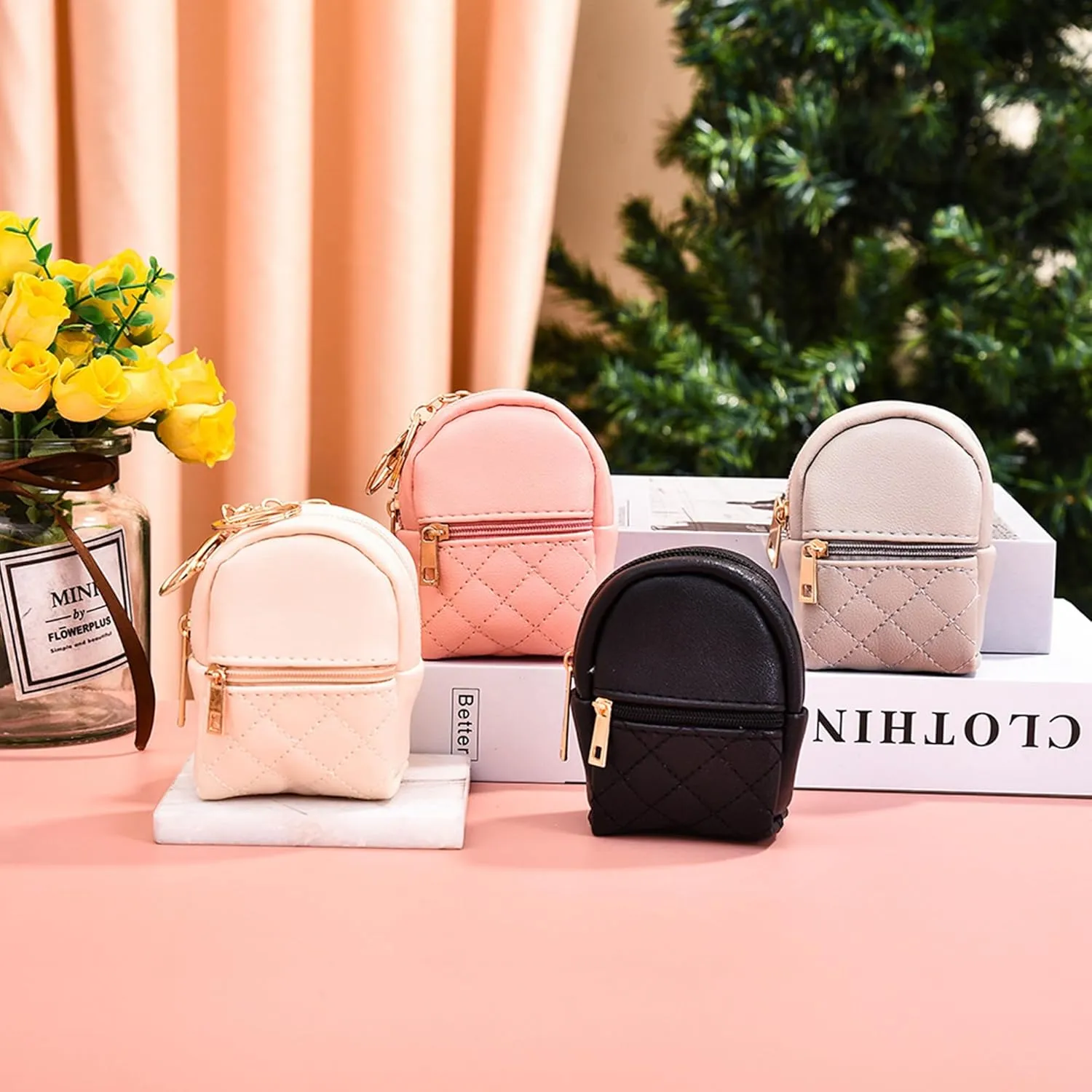 Mini Backpack Cute Cosmetic Bag for Women, Creative Cute Pendant Keychain Key-chains Keyrings PU Leather Makeup Bag Key Pocket Lipstick Bag Card Holder Data Cable Organizer Zipper Pouch (Beige)