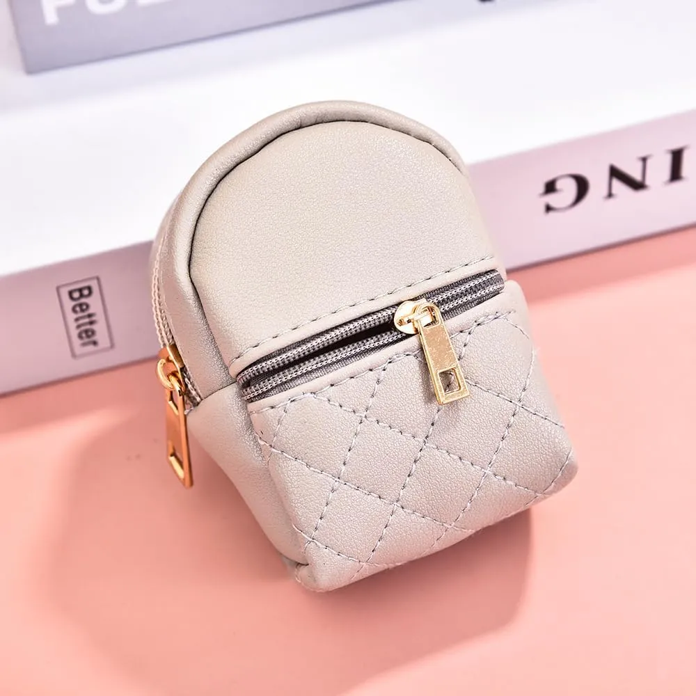 Mini Backpack Cute Cosmetic Bag for Women, Creative Cute Pendant Keychain Key-chains Keyrings PU Leather Makeup Bag Key Pocket Lipstick Bag Card Holder Data Cable Organizer Zipper Pouch (Beige)