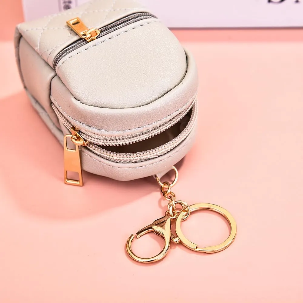 Mini Backpack Cute Cosmetic Bag for Women, Creative Cute Pendant Keychain Key-chains Keyrings PU Leather Makeup Bag Key Pocket Lipstick Bag Card Holder Data Cable Organizer Zipper Pouch (Beige)