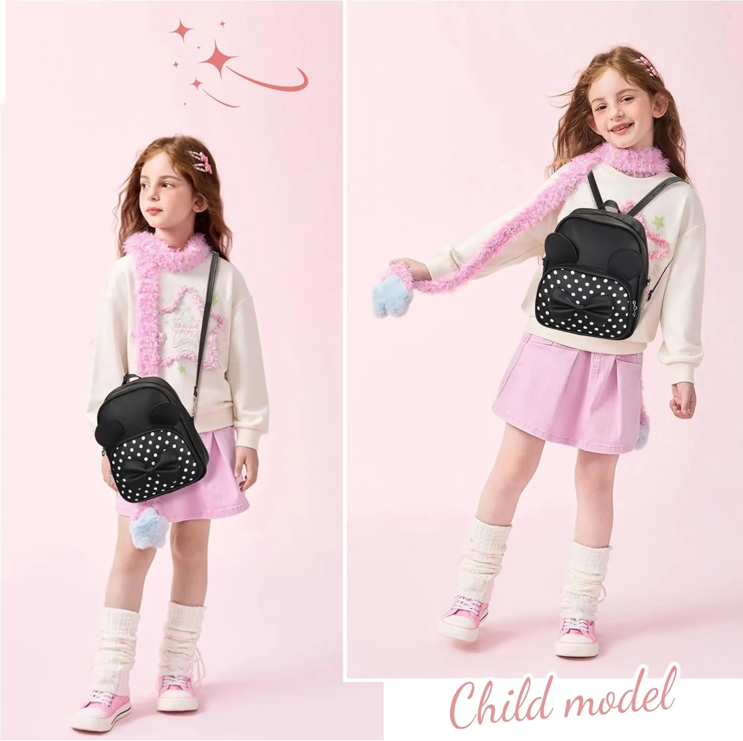 Mini Backpack for Girls Women Cute Bowknot Polka Dot Small Mouse Backpack Purse Shoulder Bag Casual Travel Daypacks (Black)