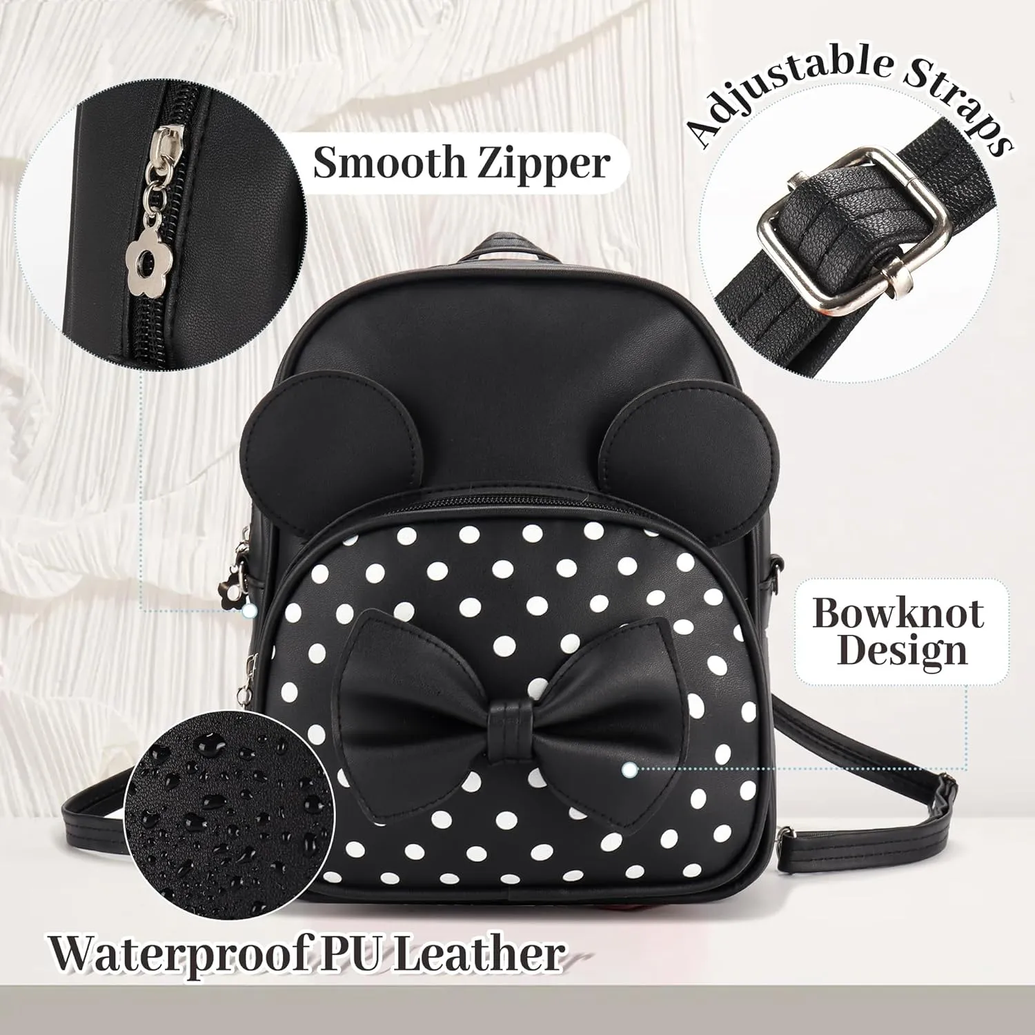 Mini Backpack for Girls Women Cute Bowknot Polka Dot Small Mouse Backpack Purse Shoulder Bag Casual Travel Daypacks (Black)