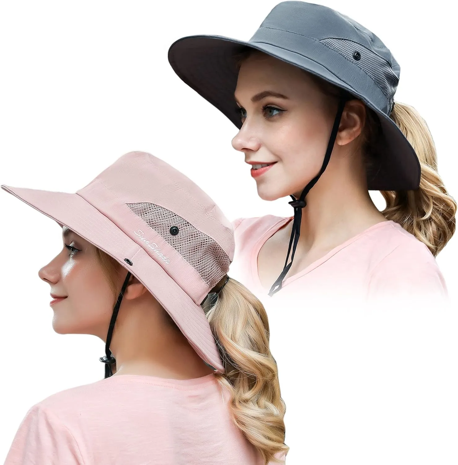 Muryobao 2 Pack Women Ponytail Summer Sun Hat UV Protection Wide Brim Foldable Safari Fishing Cap