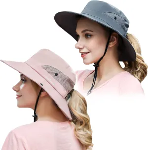 Muryobao 2 Pack Women Ponytail Summer Sun Hat UV Protection Wide Brim Foldable Safari Fishing Cap