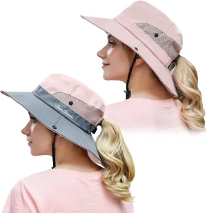 Muryobao 2 Pack Women Ponytail Summer Sun Hat UV Protection Wide Brim Foldable Safari Fishing Cap