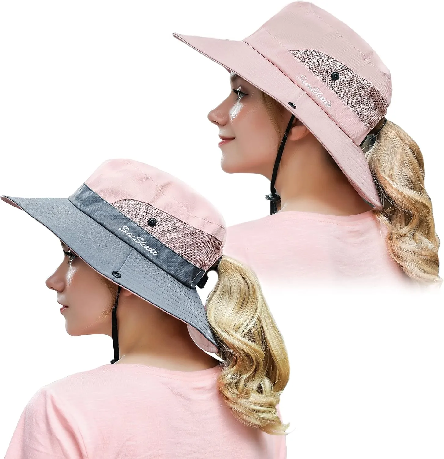 Muryobao 2 Pack Women Ponytail Summer Sun Hat UV Protection Wide Brim Foldable Safari Fishing Cap