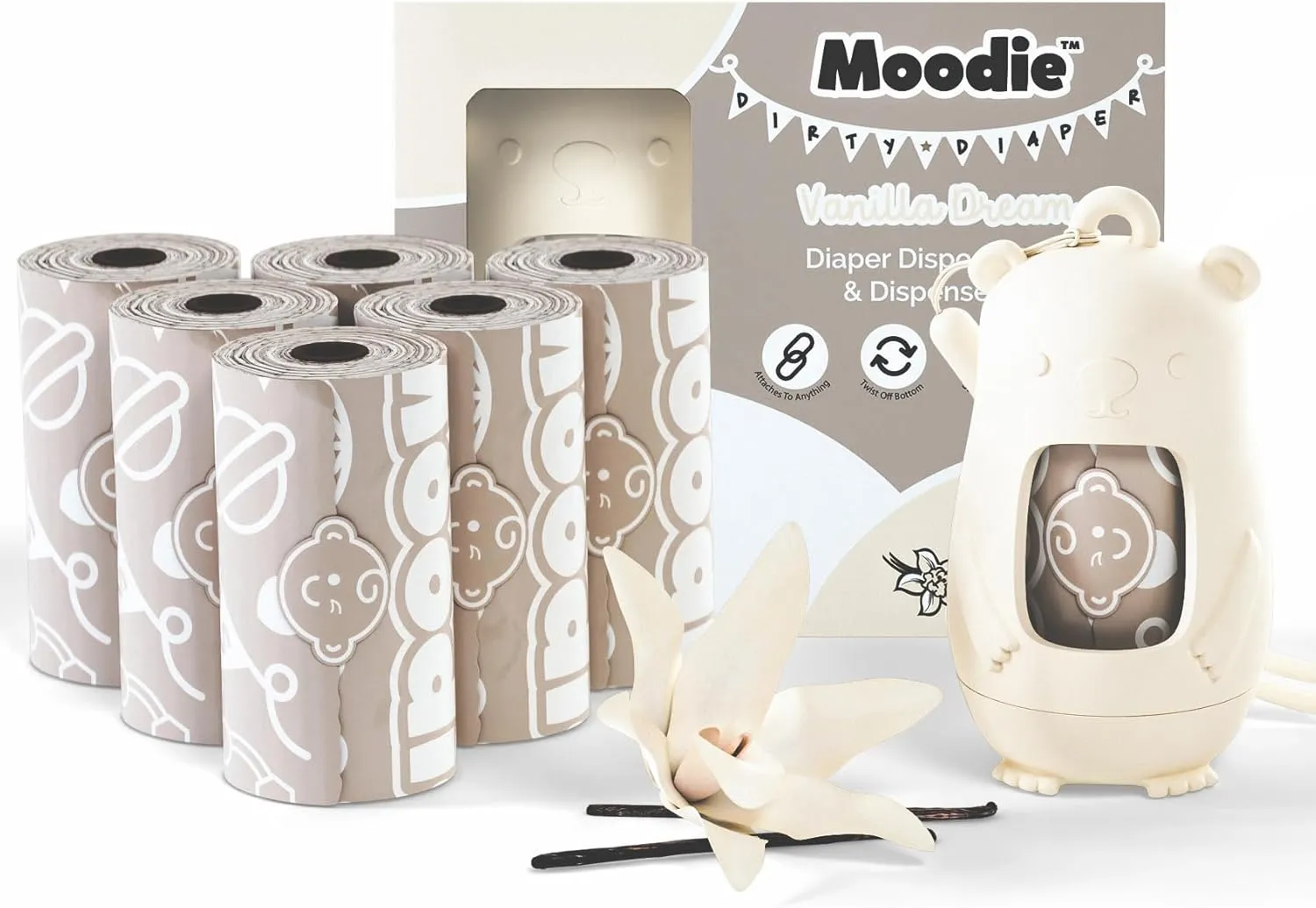 NEW Moodie Disposable Diaper Bags Dispenser COMBO PACK | 105 VANILLA SCENTED Baby Poop Bags TOTAL | Dirty Diaper Trash Bags | Diaper Bags Disposable (VANILLA DREAM)