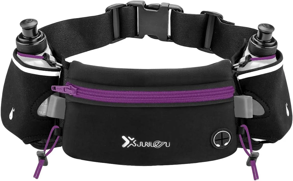 Running Belt with Water Bottles(2 x 175ML), Hydration Belt Waterproof Waist Pack Bag Fits iPhones Adjustable Sports Waist Pouch for Marathon Running Hiking Cycling, Purple