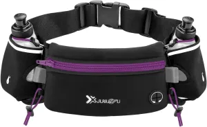 Running Belt with Water Bottles(2 x 175ML), Hydration Belt Waterproof Waist Pack Bag Fits iPhones Adjustable Sports Waist Pouch for Marathon Running Hiking Cycling, Purple