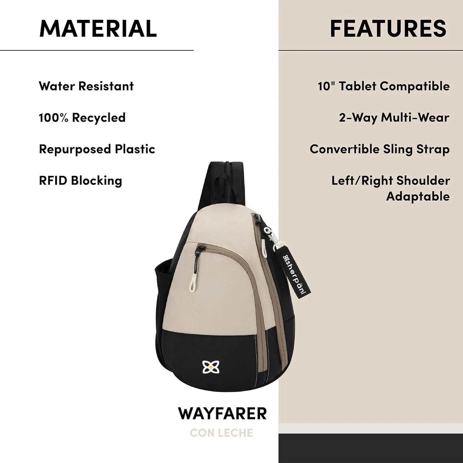 Sherpani Wayfarer, Convertible Sling Bag, Travel Sling Backpack, Crossbody Shoulder Bag for Women, Fits 10 inch Tablet