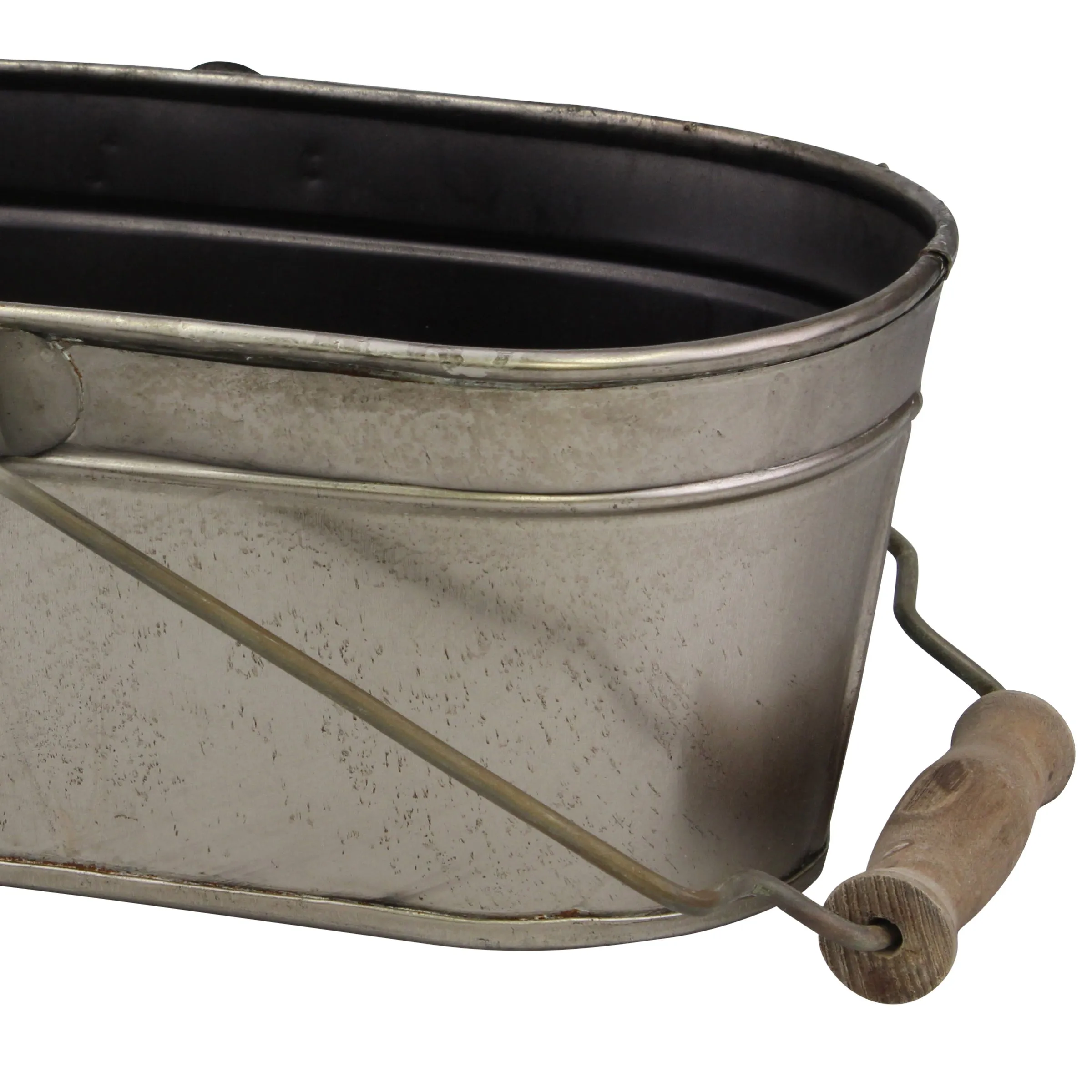 Small Oval Antique Silver Metal Bucket with Wooden Handle (WS)