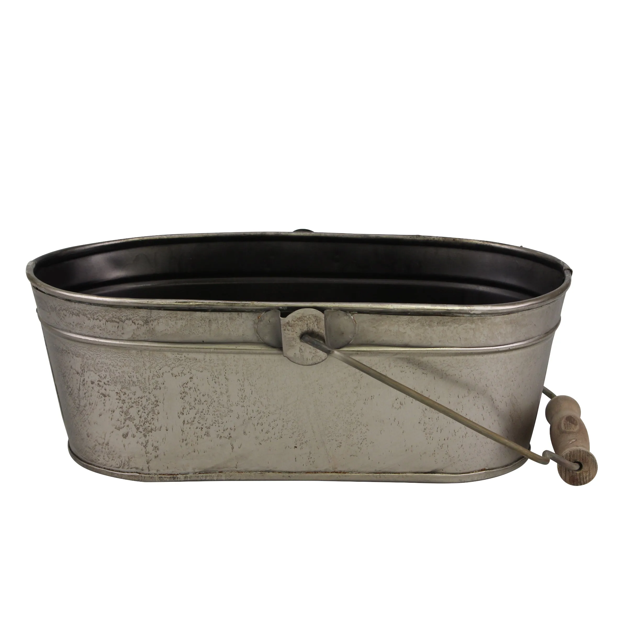 Small Oval Antique Silver Metal Bucket with Wooden Handle (WS)