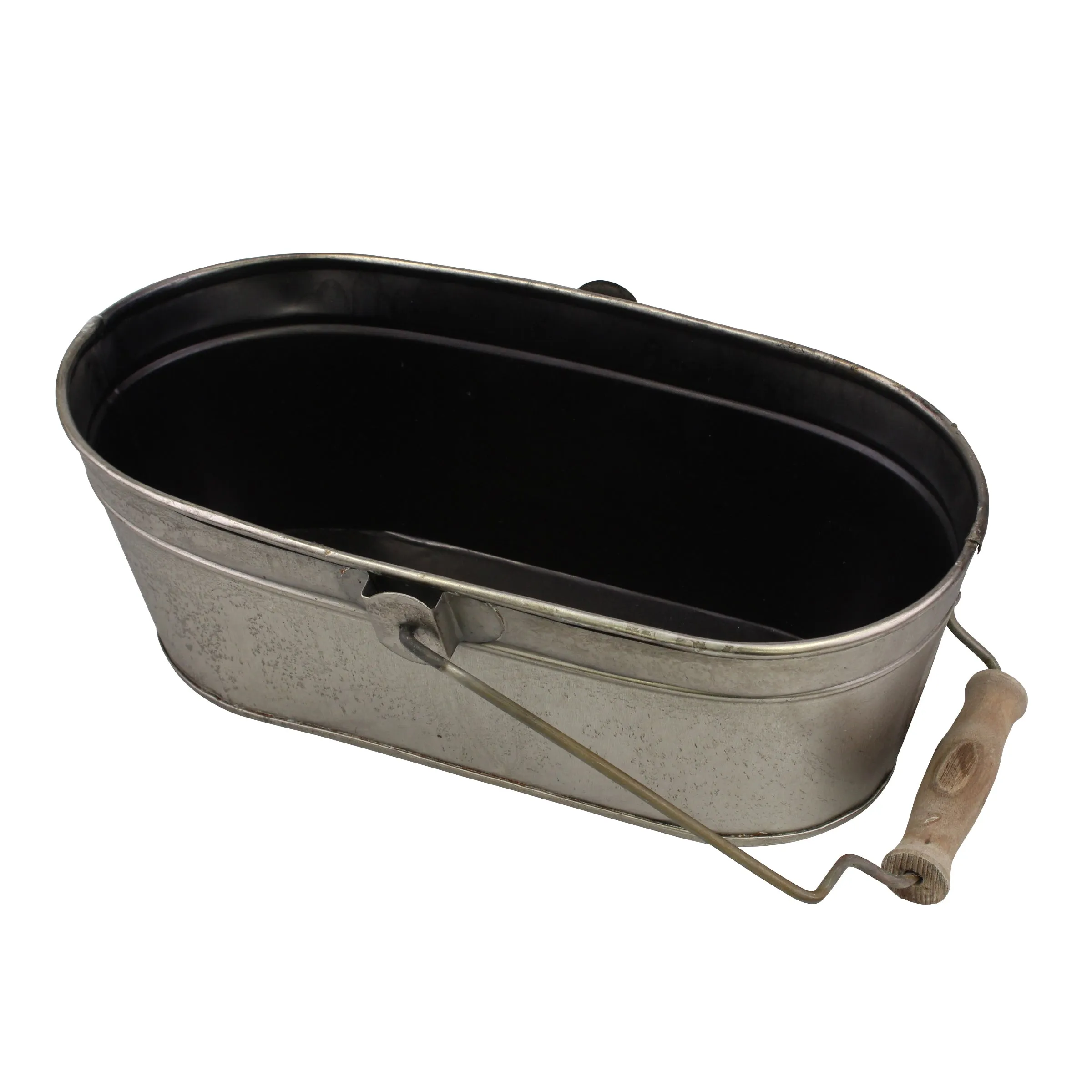 Small Oval Antique Silver Metal Bucket with Wooden Handle (WS)