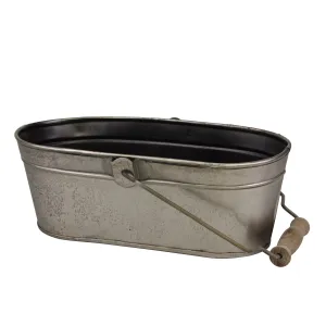 Small Oval Antique Silver Metal Bucket with Wooden Handle (WS)