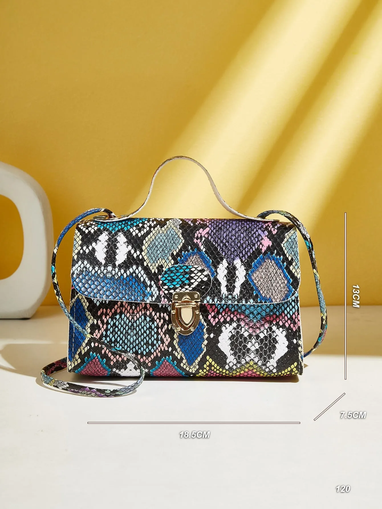 Snakeskin Print Push Lock Satchel Bag