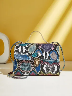 Snakeskin Print Push Lock Satchel Bag