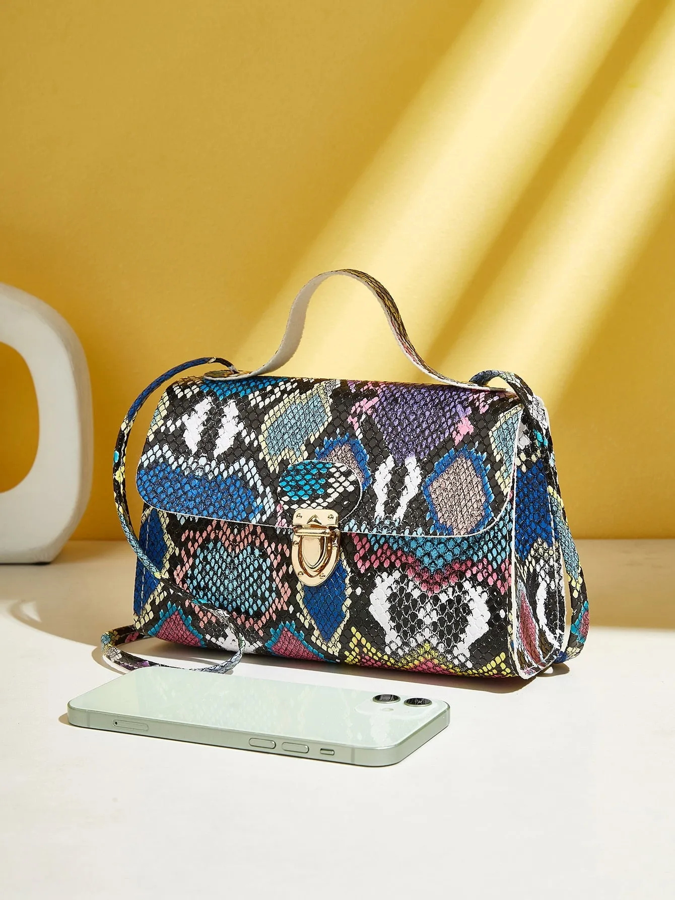 Snakeskin Print Push Lock Satchel Bag
