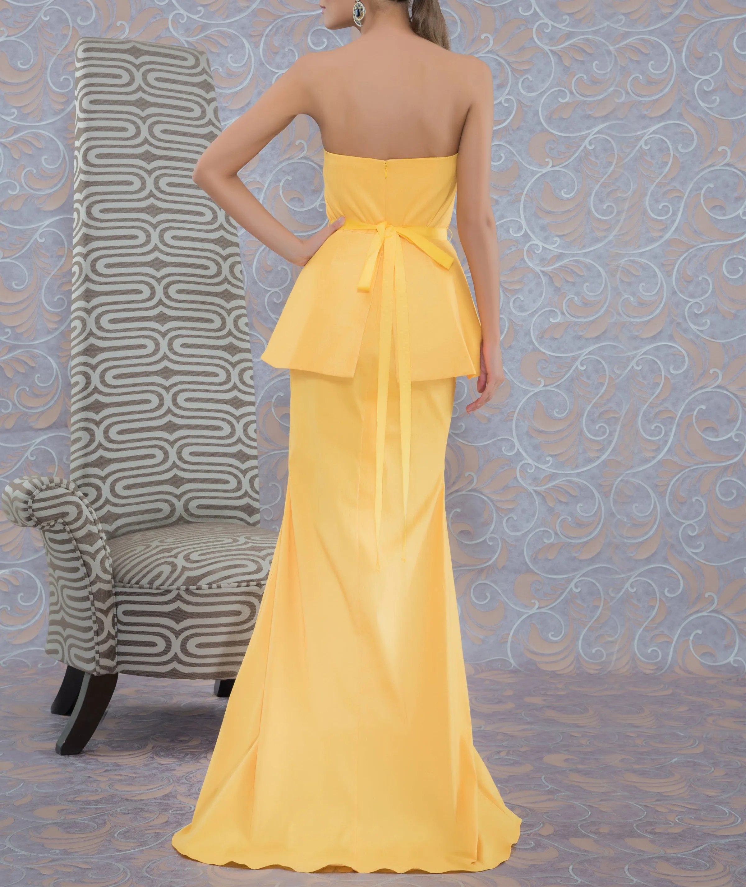 Strapless Peplum Evening Gown