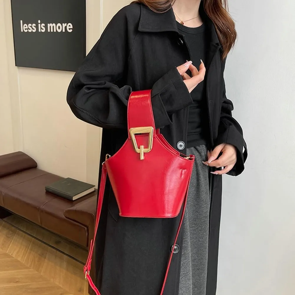 Trendy PU Leather Bucket Bags for Women Purse Top Handle Crossbody Bag Small Satchel Handbags Cute Tote Bag