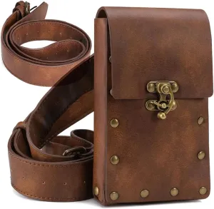 Waist Bag Belt Purse Fanny Pack Crossbody Motorcycle Hiking Phone Holder Wallet Vintage Leather Casual Fashion Daypack Gothic Festival Costume Hip Pouch for Women Men (Brown)