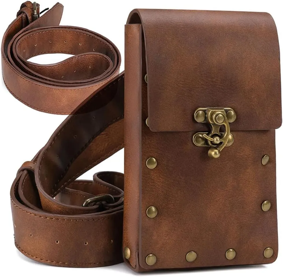 Waist Bag Belt Purse Fanny Pack Crossbody Motorcycle Hiking Phone Holder Wallet Vintage Leather Casual Fashion Daypack Gothic Festival Costume Hip Pouch for Women Men (Brown)