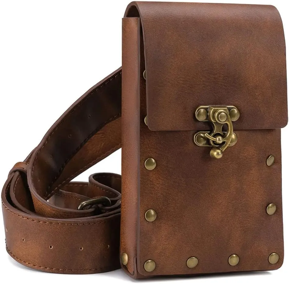 Waist Bag Belt Purse Fanny Pack Crossbody Motorcycle Hiking Phone Holder Wallet Vintage Leather Casual Fashion Daypack Gothic Festival Costume Hip Pouch for Women Men (Brown)