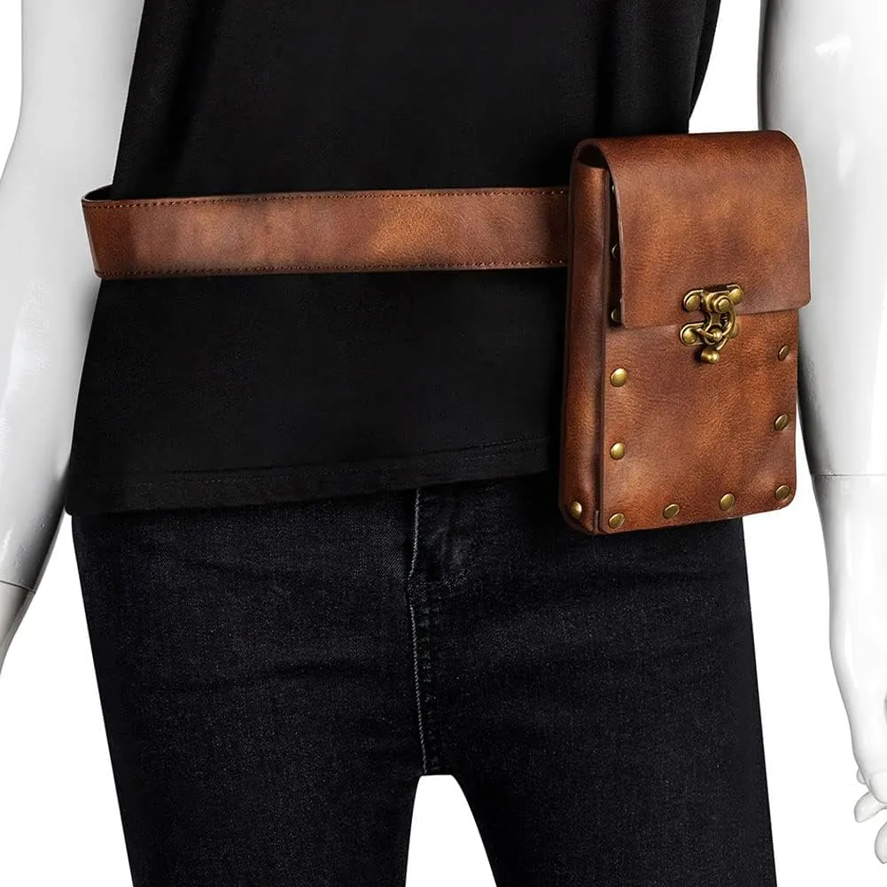 Waist Bag Belt Purse Fanny Pack Crossbody Motorcycle Hiking Phone Holder Wallet Vintage Leather Casual Fashion Daypack Gothic Festival Costume Hip Pouch for Women Men (Brown)