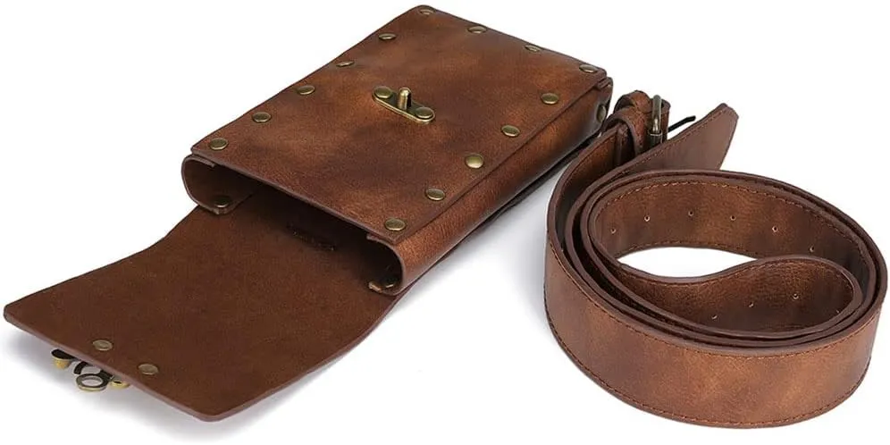 Waist Bag Belt Purse Fanny Pack Crossbody Motorcycle Hiking Phone Holder Wallet Vintage Leather Casual Fashion Daypack Gothic Festival Costume Hip Pouch for Women Men (Brown)