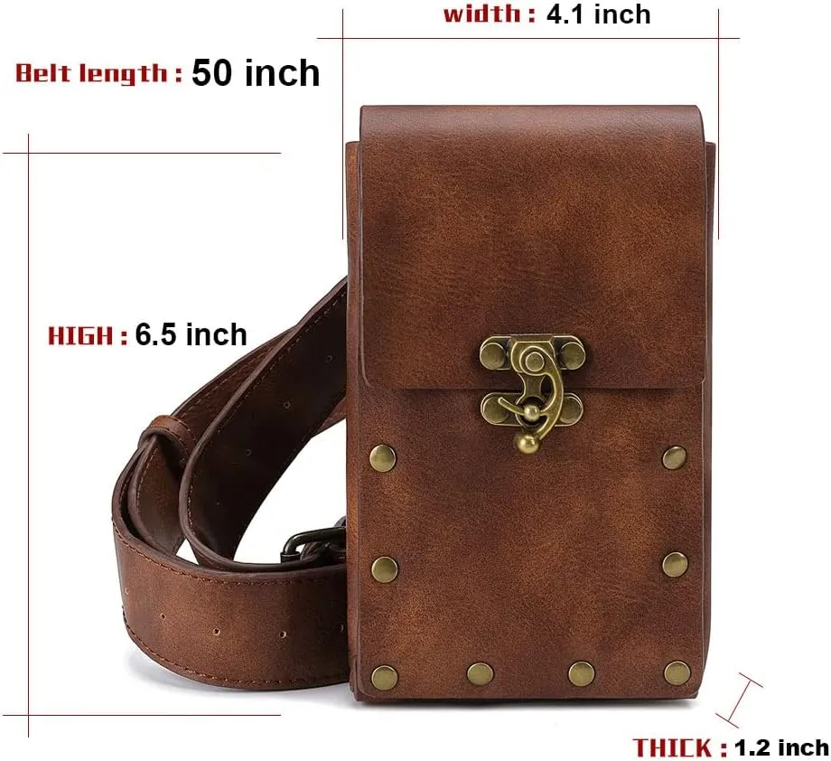 Waist Bag Belt Purse Fanny Pack Crossbody Motorcycle Hiking Phone Holder Wallet Vintage Leather Casual Fashion Daypack Gothic Festival Costume Hip Pouch for Women Men (Brown)