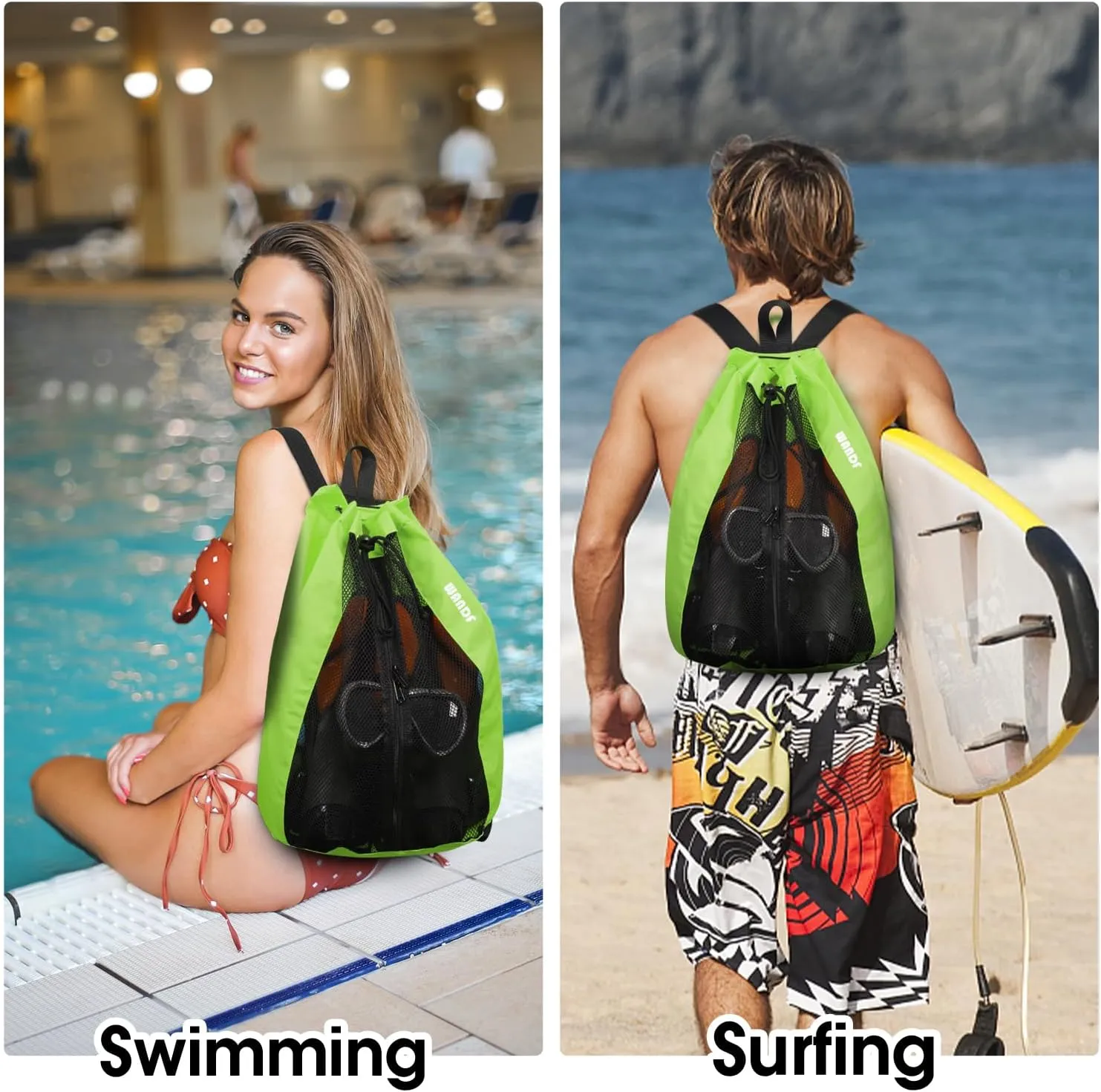 WANDF Swim Bag Mesh Drawstring Backpack Beach Backpack for Swimming, Gym, and Workout Gear