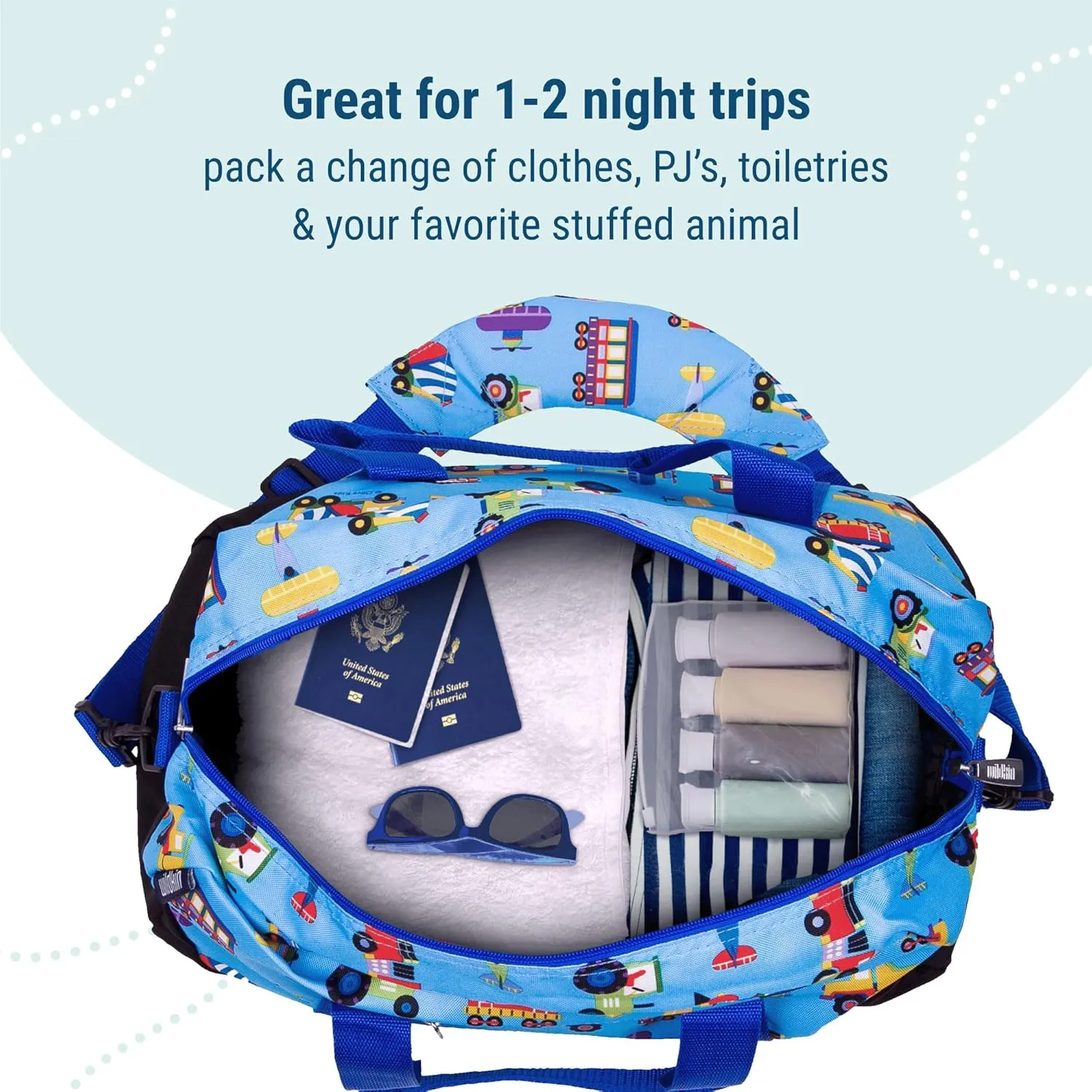 Wildkin Kids Overnighter Duffel Bag  Carry-On Size, Ideal for School & Sleepovers  Trains, Planes, and Trucks