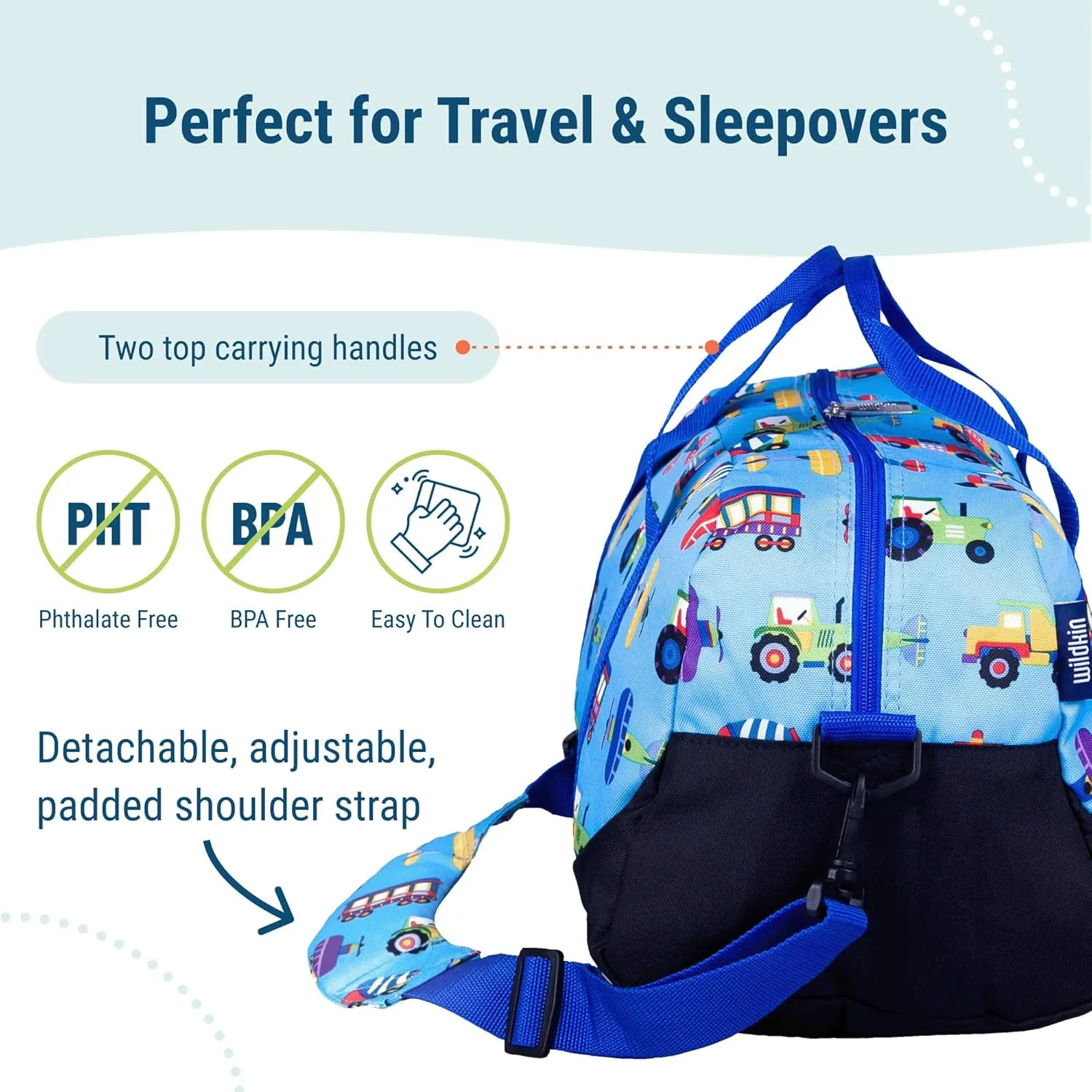 Wildkin Kids Overnighter Duffel Bag  Carry-On Size, Ideal for School & Sleepovers  Trains, Planes, and Trucks