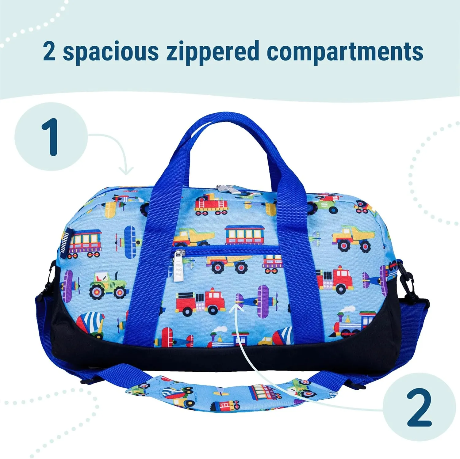 Wildkin Kids Overnighter Duffel Bag  Carry-On Size, Ideal for School & Sleepovers  Trains, Planes, and Trucks