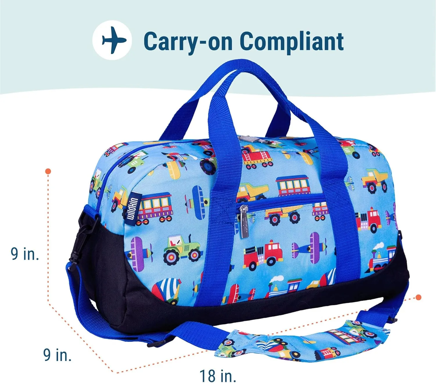 Wildkin Kids Overnighter Duffel Bag  Carry-On Size, Ideal for School & Sleepovers  Trains, Planes, and Trucks