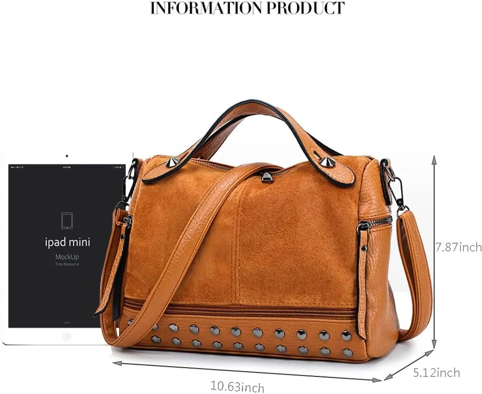 Women's Retro Suede PU Leather Handbag - Shoulder Shopper Work Boston Bag With Rivets - Ladies Crossbody