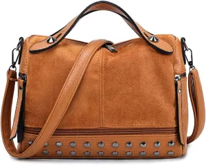 Women's Retro Suede PU Leather Handbag - Shoulder Shopper Work Boston Bag With Rivets - Ladies Crossbody