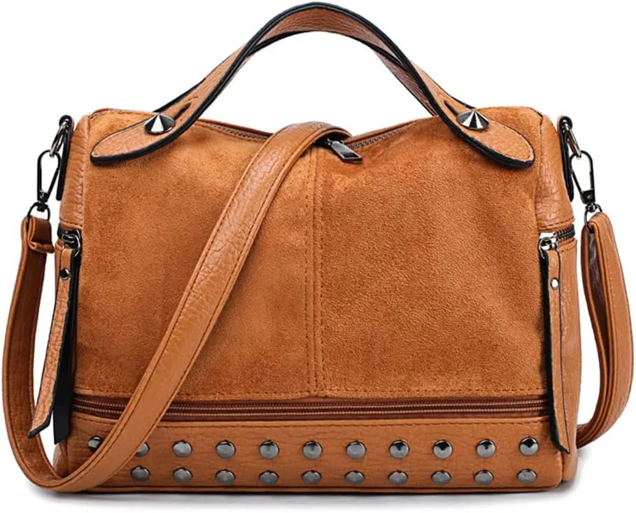Women's Retro Suede PU Leather Handbag - Shoulder Shopper Work Boston Bag With Rivets - Ladies Crossbody