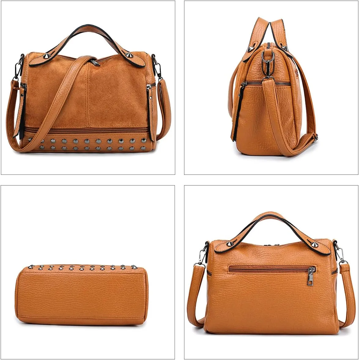 Women's Retro Suede PU Leather Handbag - Shoulder Shopper Work Boston Bag With Rivets - Ladies Crossbody