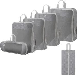 WOOMADA Compression Packing Cubes for Suitcases Travel Essentials 6 Set Rectangle Mesh Expandable Travel Bags Organizer for Luggage