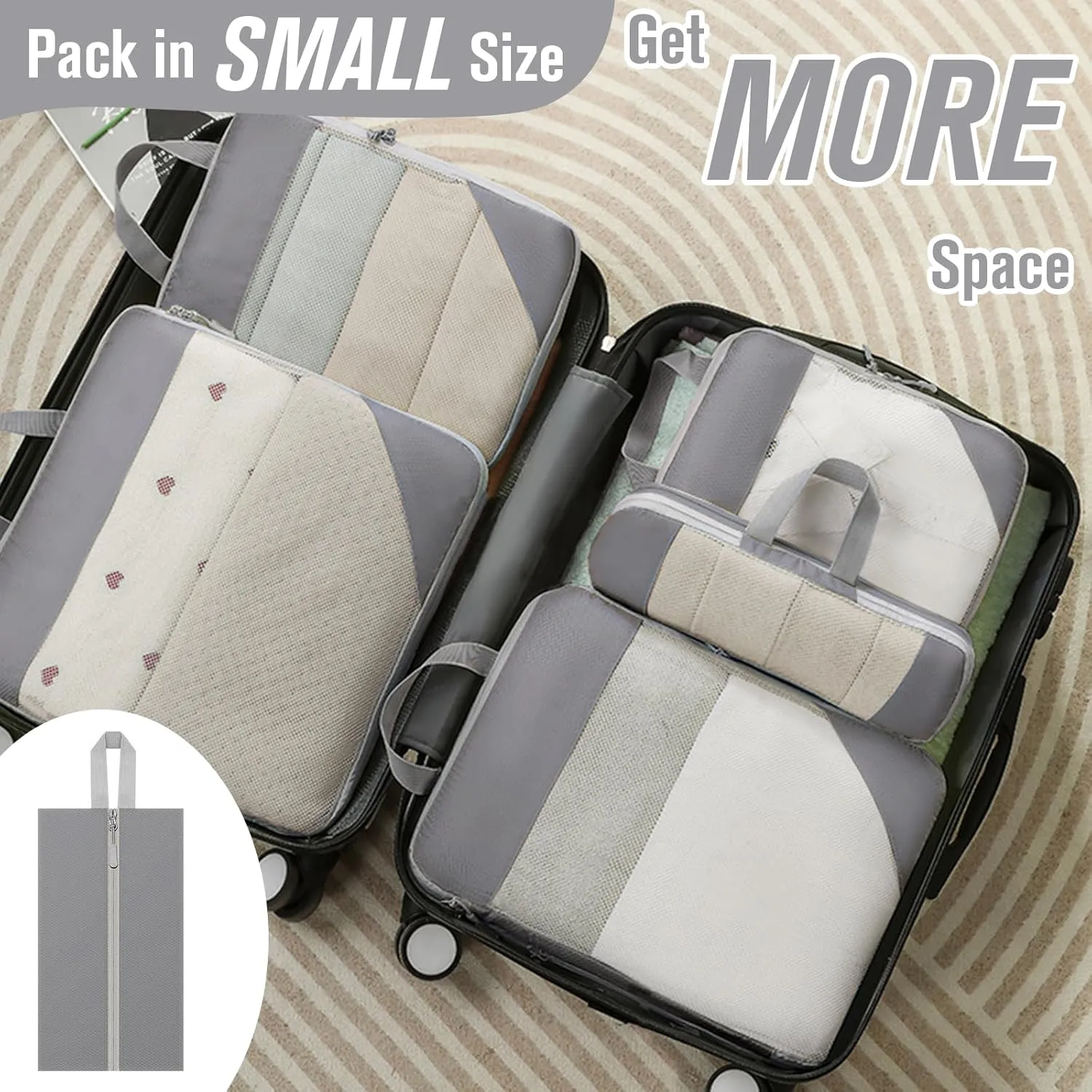 WOOMADA Compression Packing Cubes for Suitcases Travel Essentials 6 Set Rectangle Mesh Expandable Travel Bags Organizer for Luggage