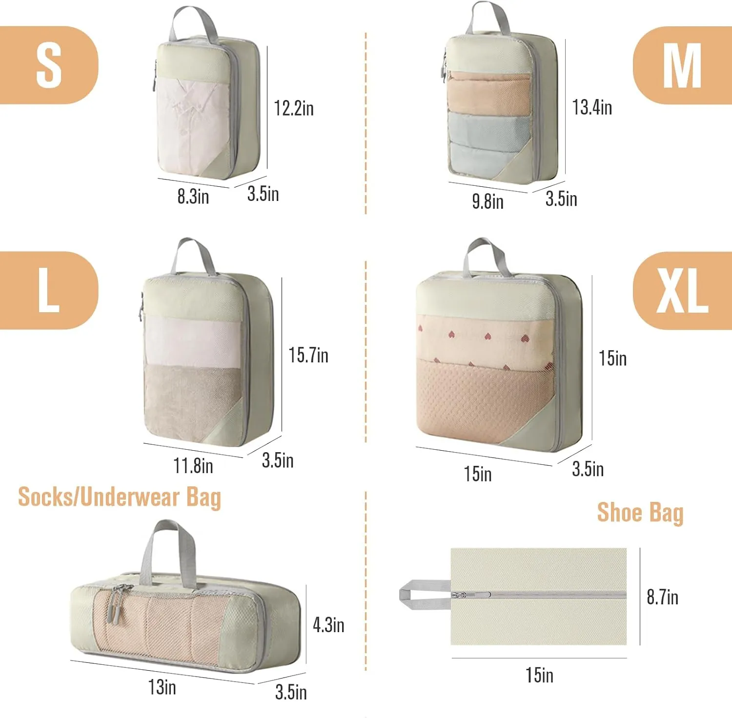 WOOMADA Compression Packing Cubes for Suitcases Travel Essentials 6 Set Rectangle Mesh Expandable Travel Bags Organizer for Luggage