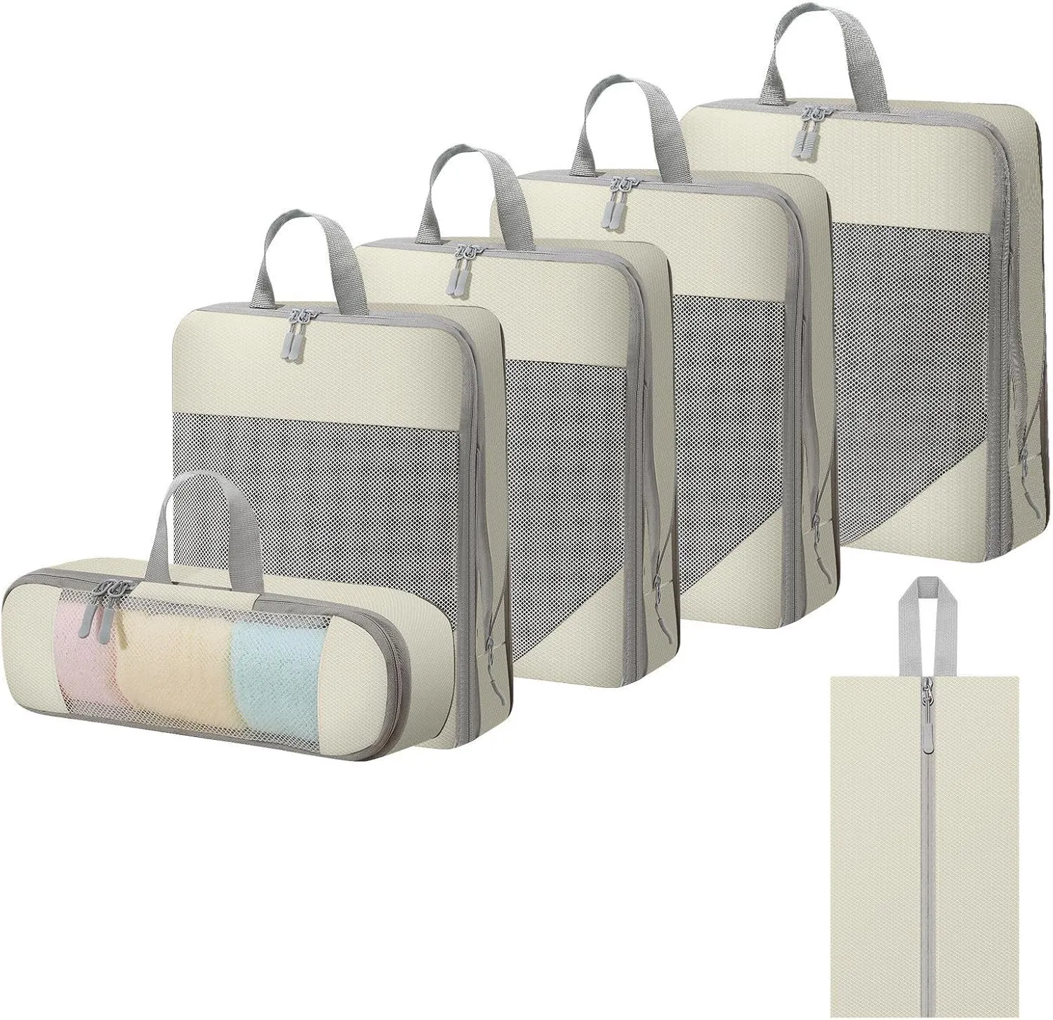 WOOMADA Compression Packing Cubes for Suitcases Travel Essentials 6 Set Rectangle Mesh Expandable Travel Bags Organizer for Luggage