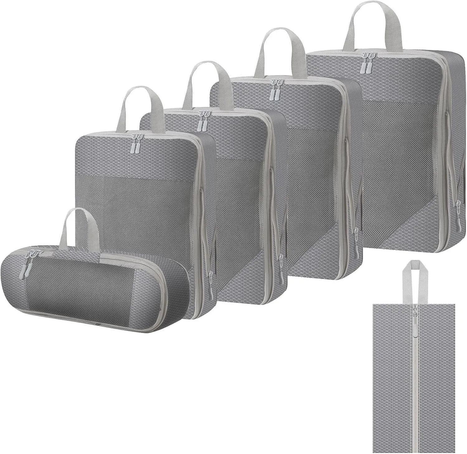 WOOMADA Compression Packing Cubes for Suitcases Travel Essentials 6 Set Rectangle Mesh Expandable Travel Bags Organizer for Luggage