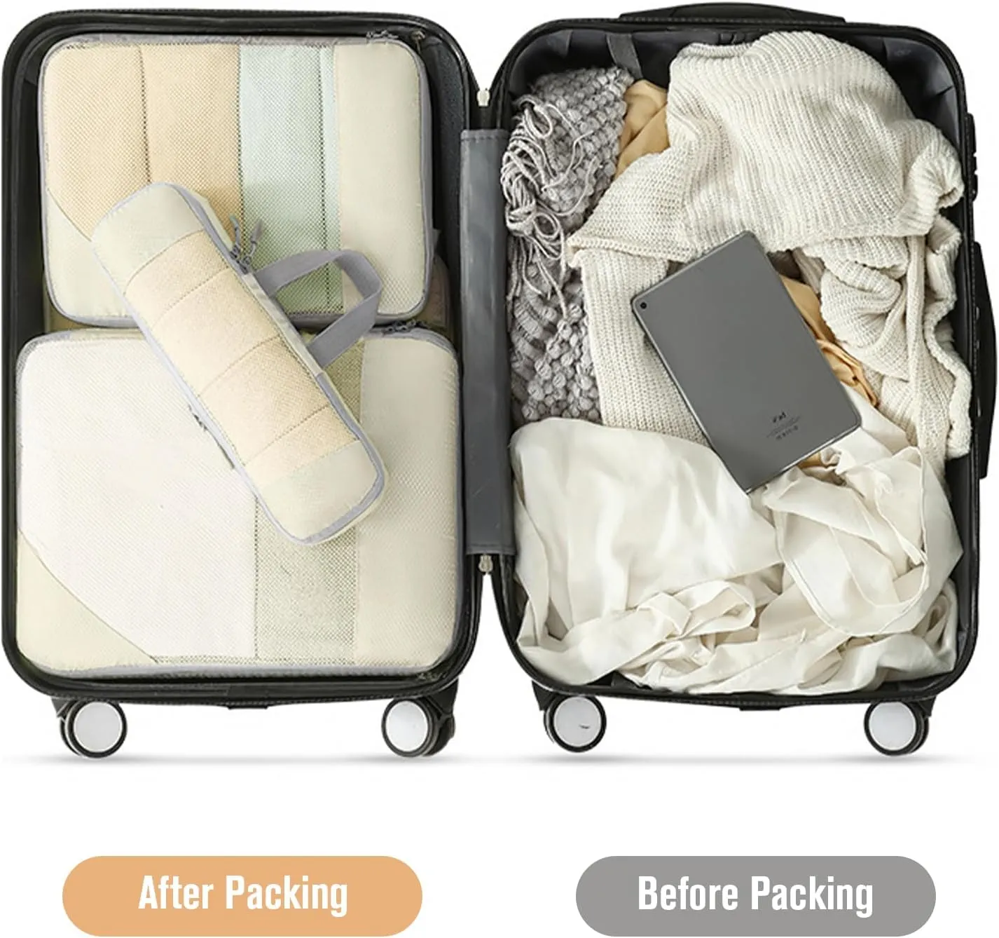 WOOMADA Compression Packing Cubes for Suitcases Travel Essentials 6 Set Rectangle Mesh Expandable Travel Bags Organizer for Luggage