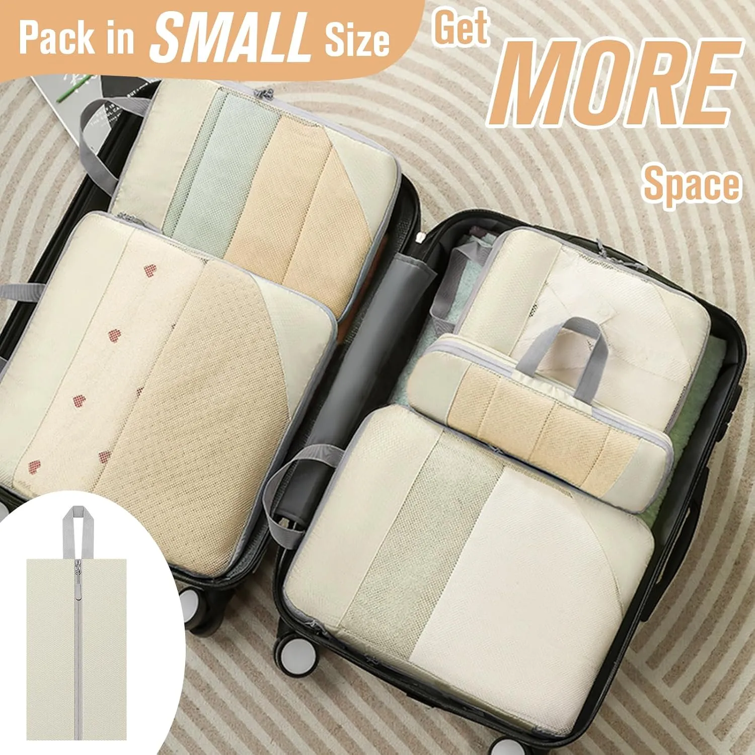 WOOMADA Compression Packing Cubes for Suitcases Travel Essentials 6 Set Rectangle Mesh Expandable Travel Bags Organizer for Luggage
