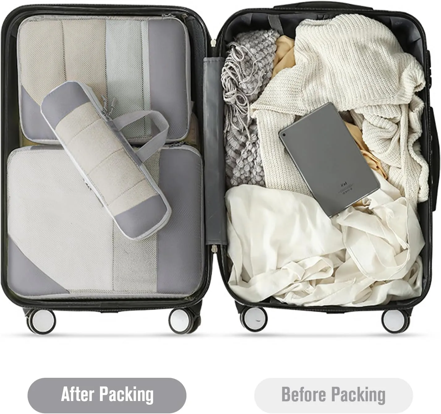 WOOMADA Compression Packing Cubes for Suitcases Travel Essentials 6 Set Rectangle Mesh Expandable Travel Bags Organizer for Luggage