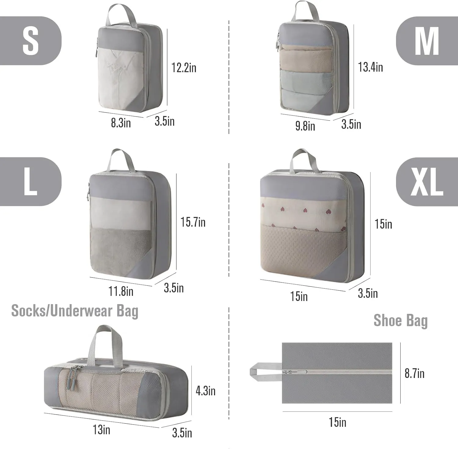 WOOMADA Compression Packing Cubes for Suitcases Travel Essentials 6 Set Rectangle Mesh Expandable Travel Bags Organizer for Luggage