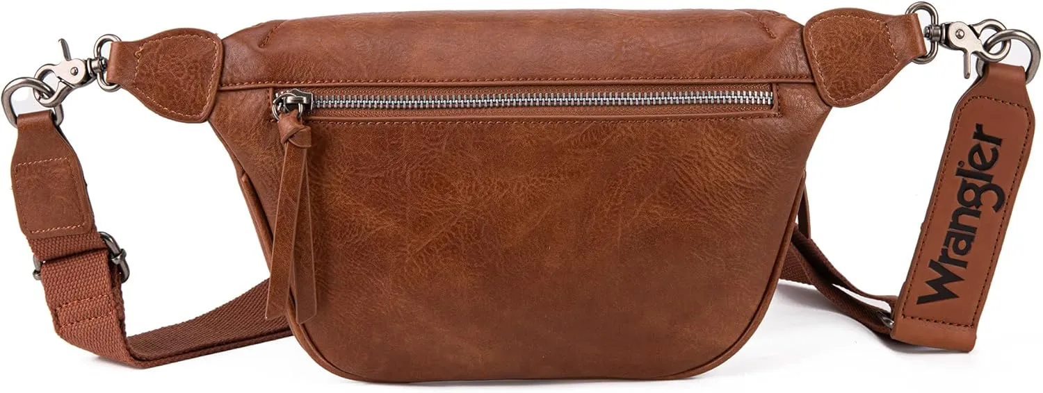 Wrangler Large Fanny Packs for Women Waist Bag Travel Belt Bags Crossbody Sling Purse Brown