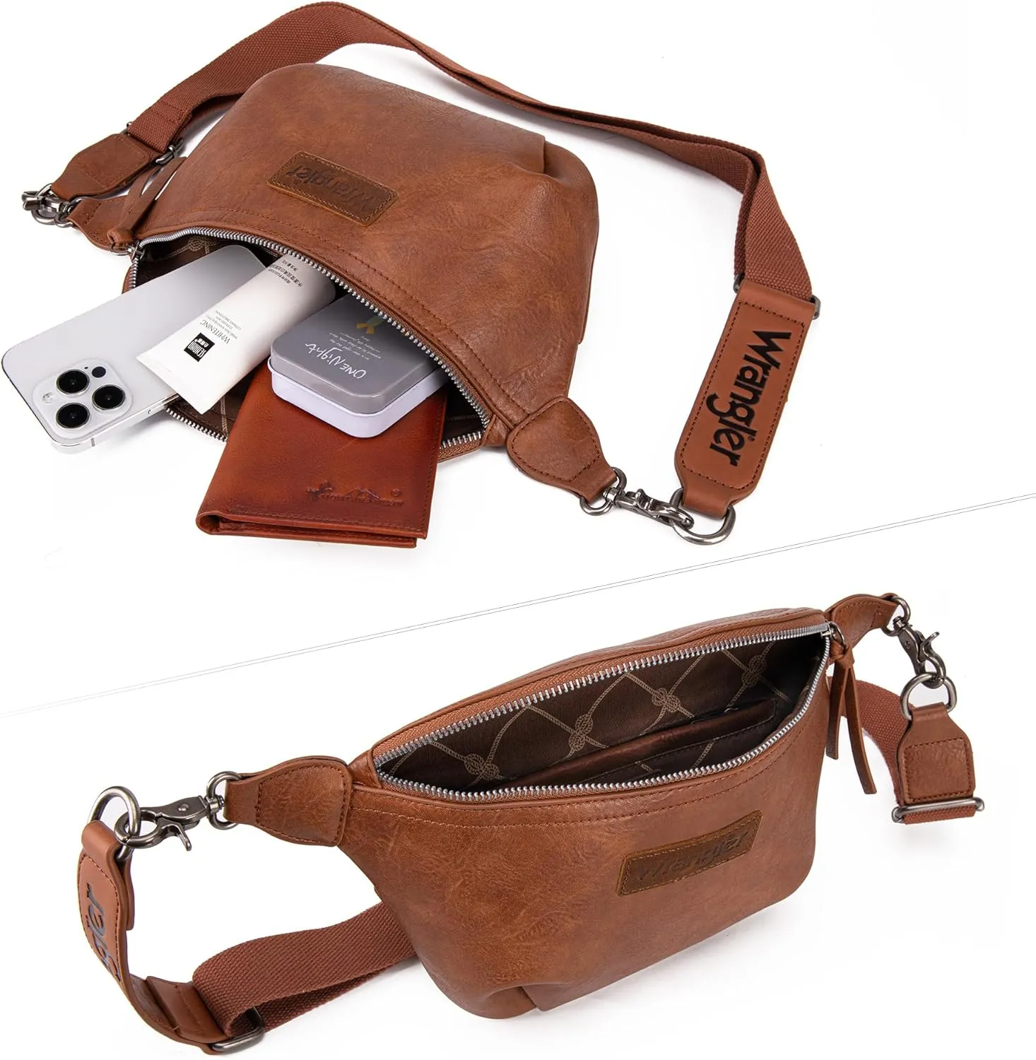 Wrangler Large Fanny Packs for Women Waist Bag Travel Belt Bags Crossbody Sling Purse Brown